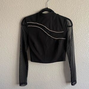 Black Sheer Sleeve Rhinestone Detail Crop Top – XS/S